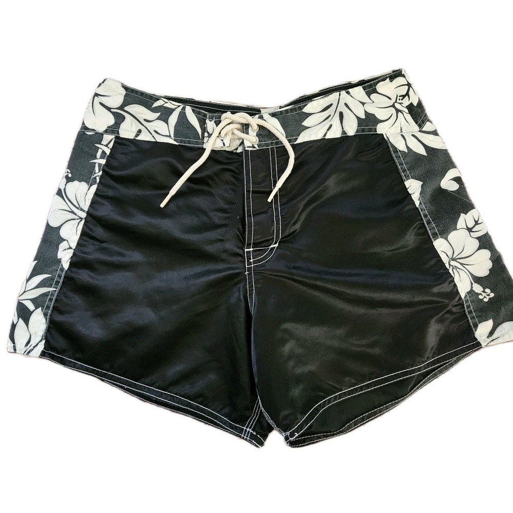 Vintage Floral Panel Board Shorts Black Hibiscus Surf Swimwear  Sz 11 Y2k Hawaii